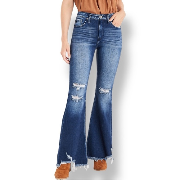 Kancan High Rise Flare Jeans - Distressed Dark Wash - Size 26x33 - Picture 1 of 2